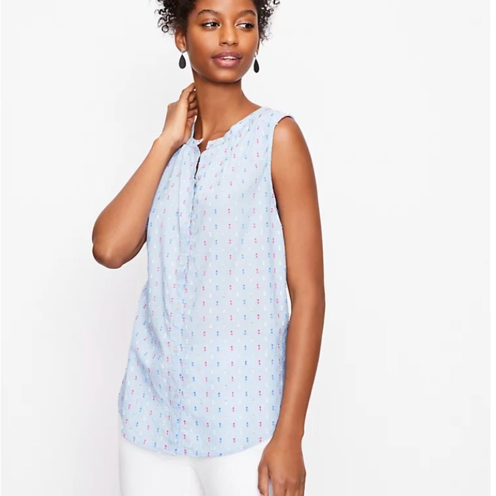 Loft Petite Shimmer Clip Dot Sleeveless Shirt Blue Button Front Top Size SP